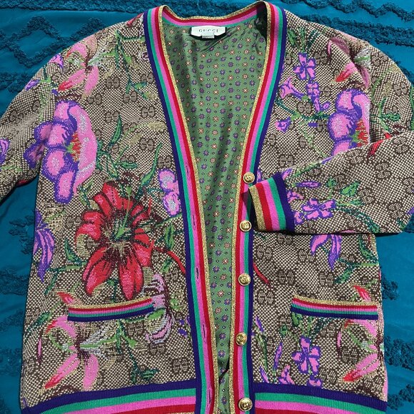 Gucci V-Neck Flora GG Wool & Cotton Cardigan - Picture 1 of 7